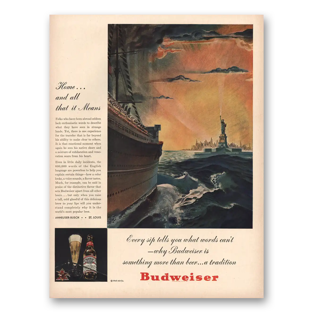 1945 Budweiser Beer Statue of Liberty Vintage Magazine Print Ad