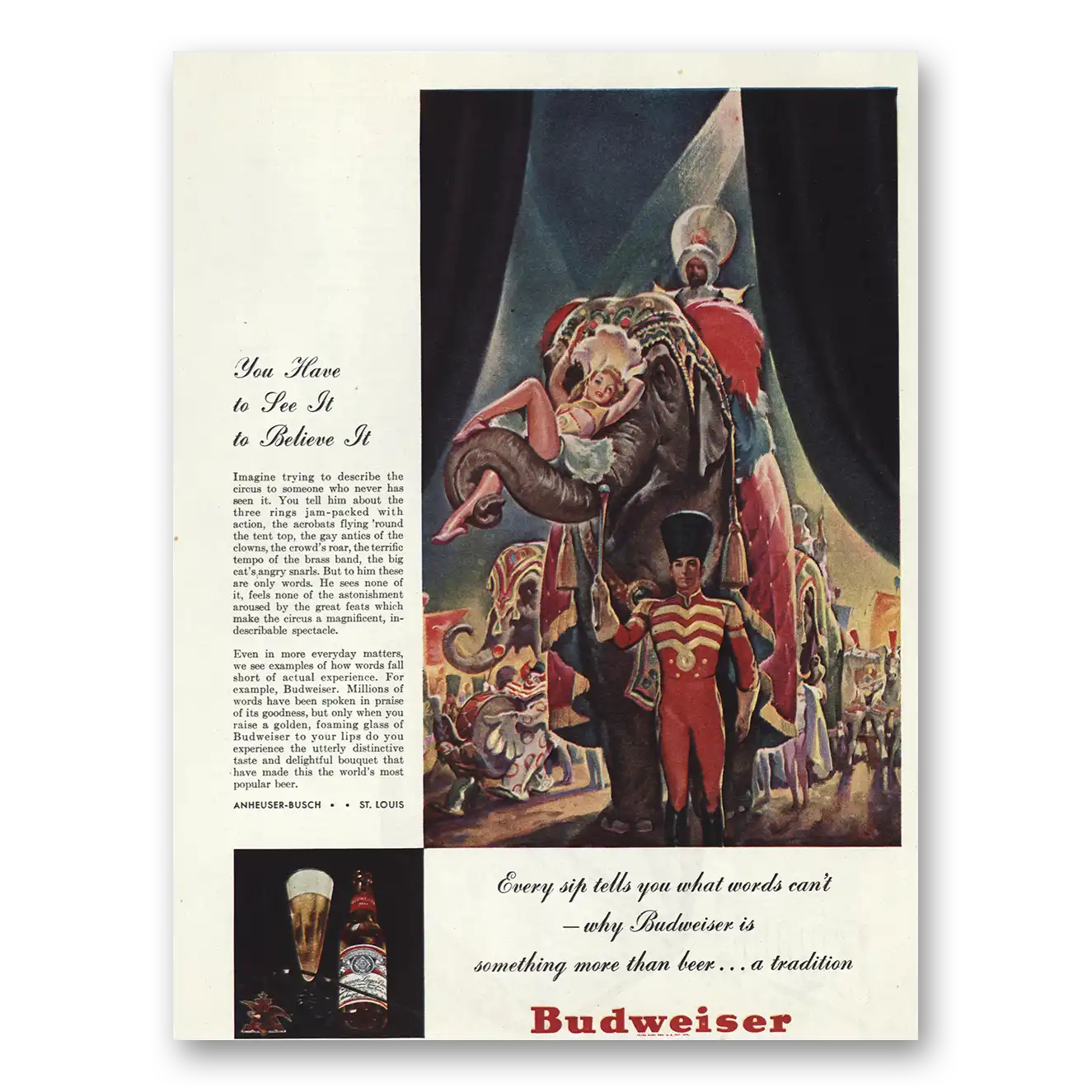 1945 Budweiser Beer Circus See It to Believe It Vintage Magazine Print Ad