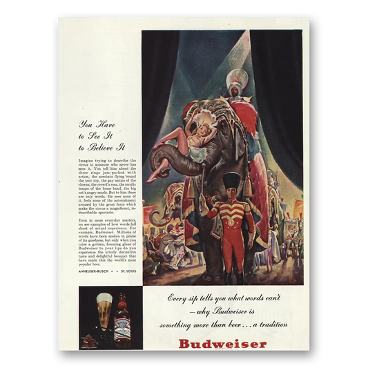 1945 Budweiser Beer Circus See It to Believe It Vintage Magazine Print Ad