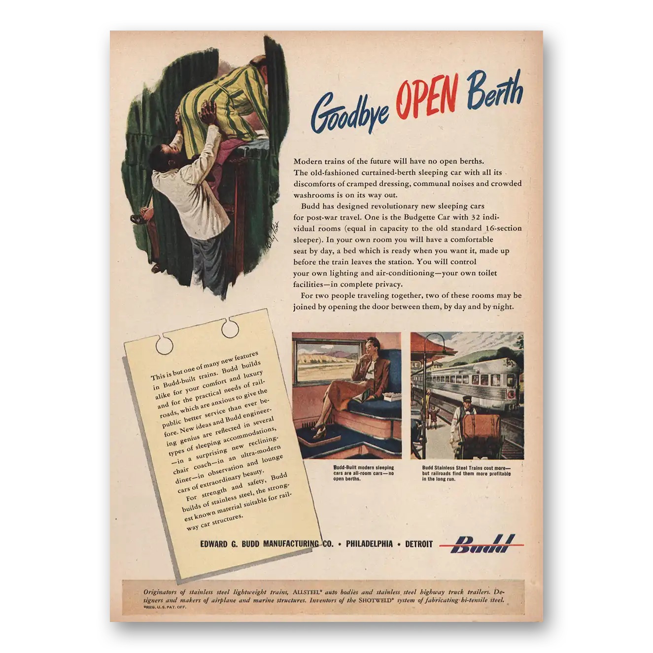 1945 Budd Goodbye Open Berth Vintage Magazine Print Ad