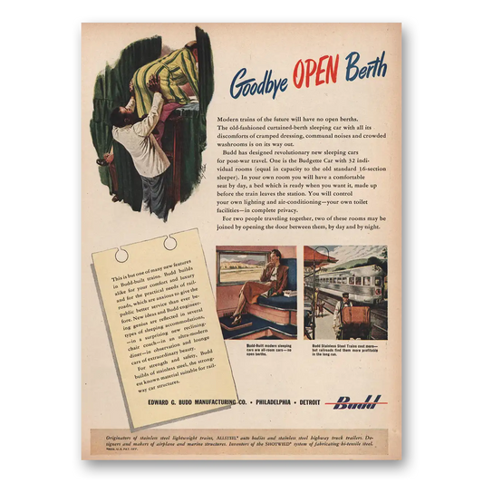 1945 Budd Goodbye Open Berth Vintage Magazine Print Ad