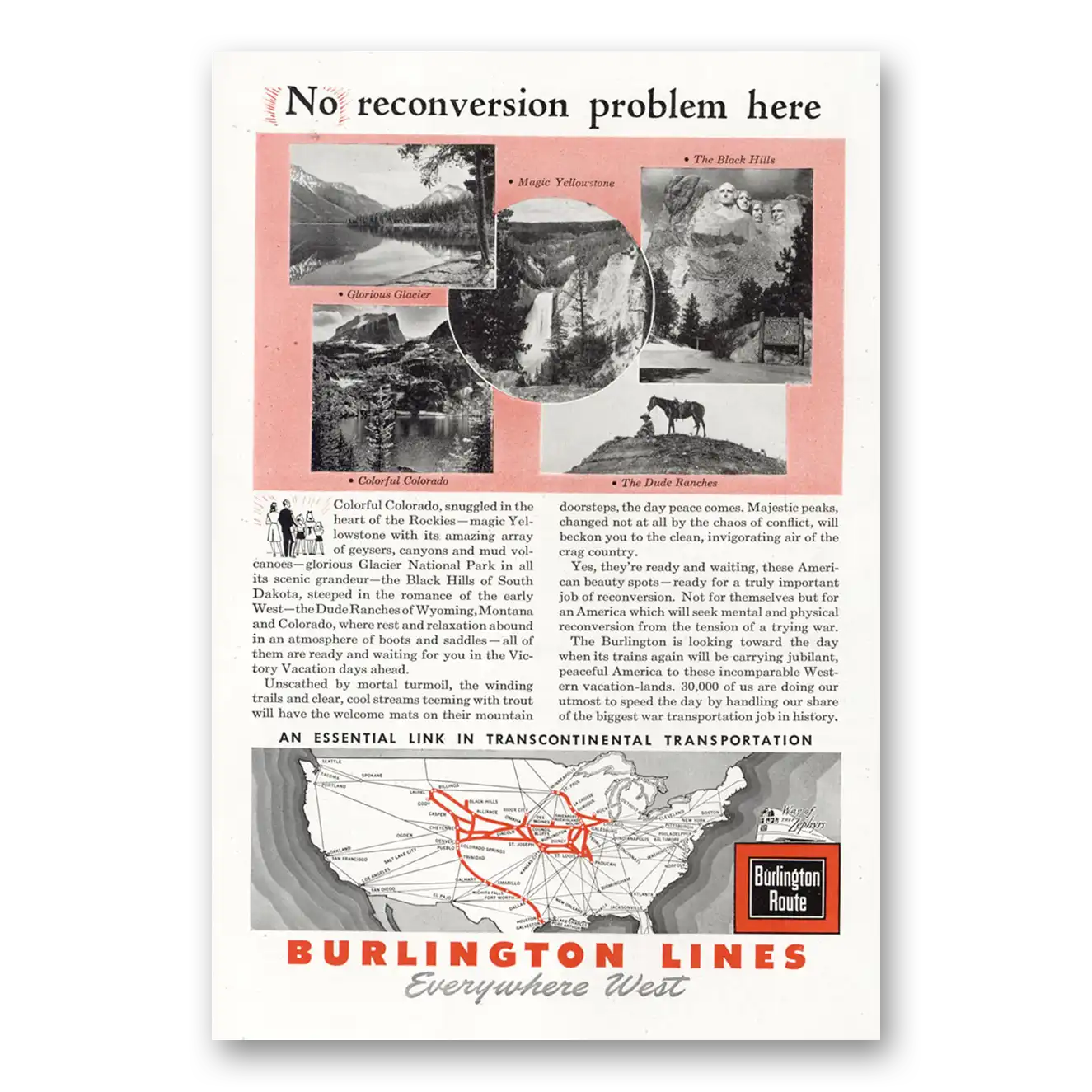 1945 Burlington Route No Reconversion Problem Here Vintage Magazine Print Ad