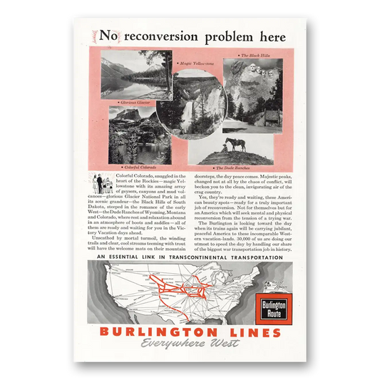 1945 Burlington Route No Reconversion Problem Here Vintage Magazine Print Ad