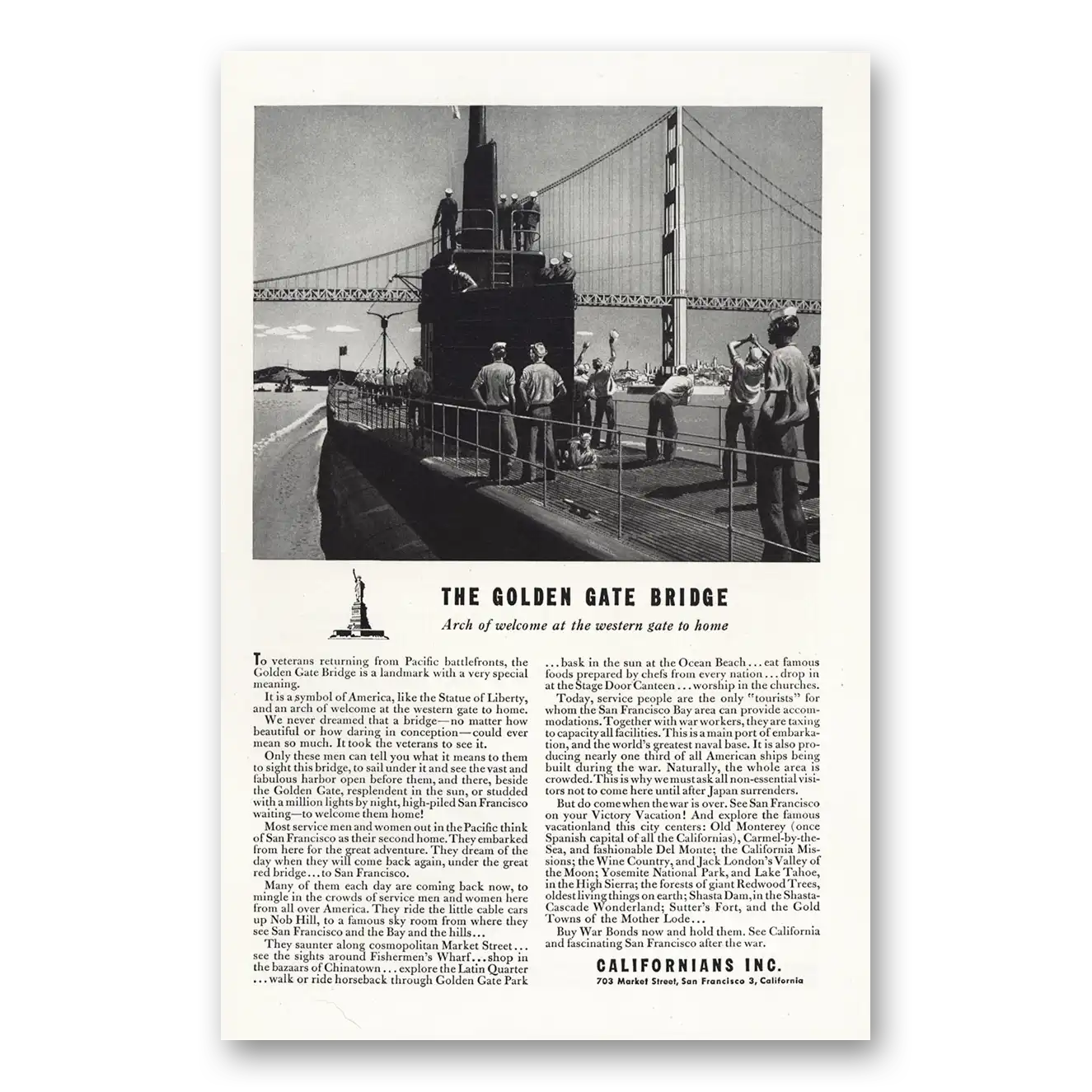 1945 California Golden Gate Bridge Vintage Magazine Print Ad