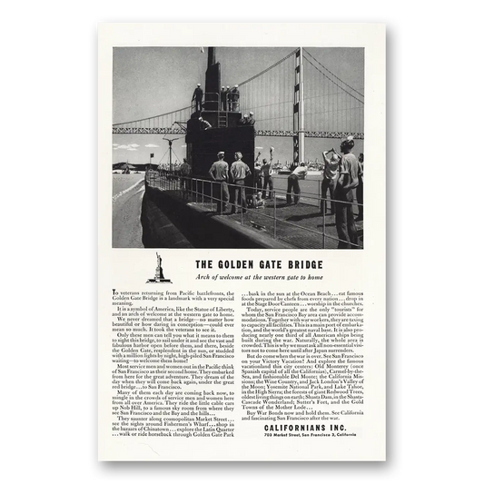 1945 California Golden Gate Bridge Vintage Magazine Print Ad