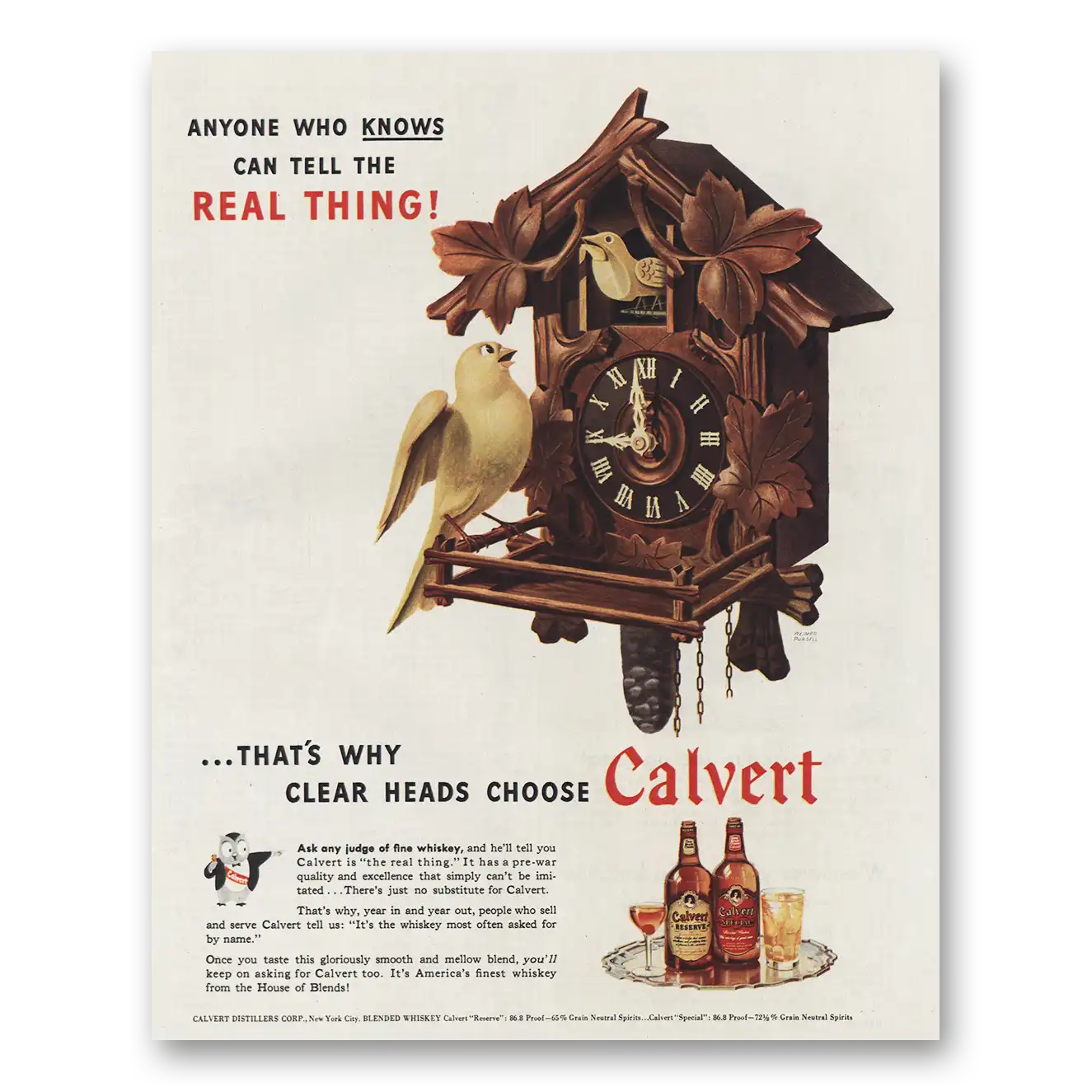 1945 Calvert Whiskey Cuckoo Clock Vintage Magazine Print Ad