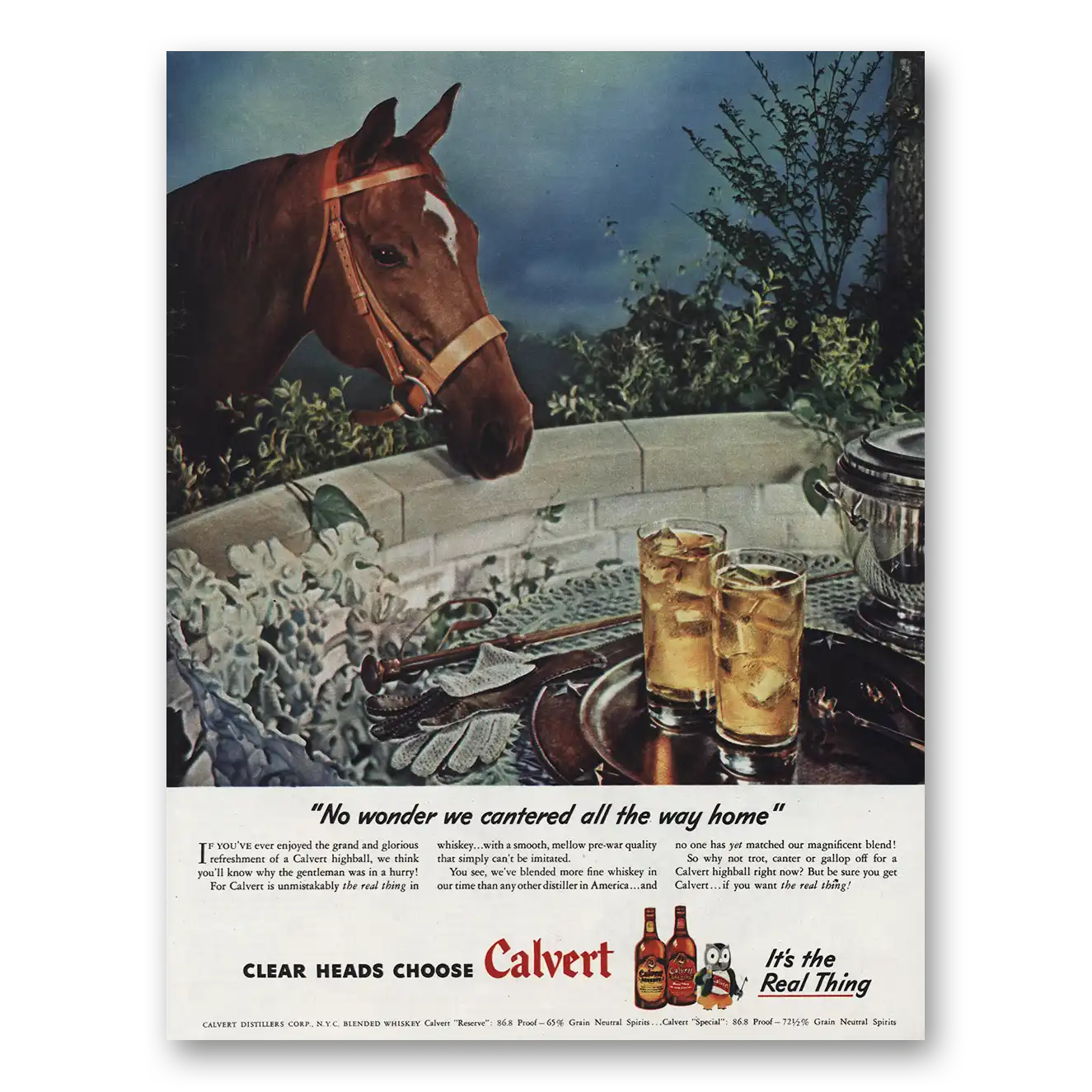 1945 Calvert Whiskey Cantered All the Way Home Vintage Magazine Print Ad