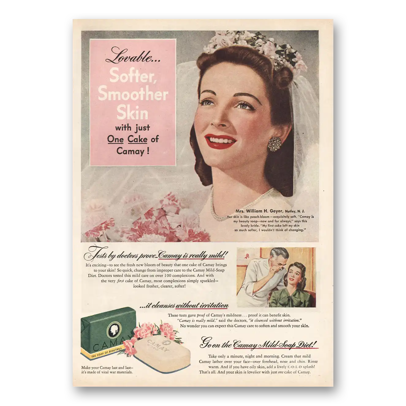 1945 Camay Soap Mrs William H Geyer Vintage Magazine Print Ad