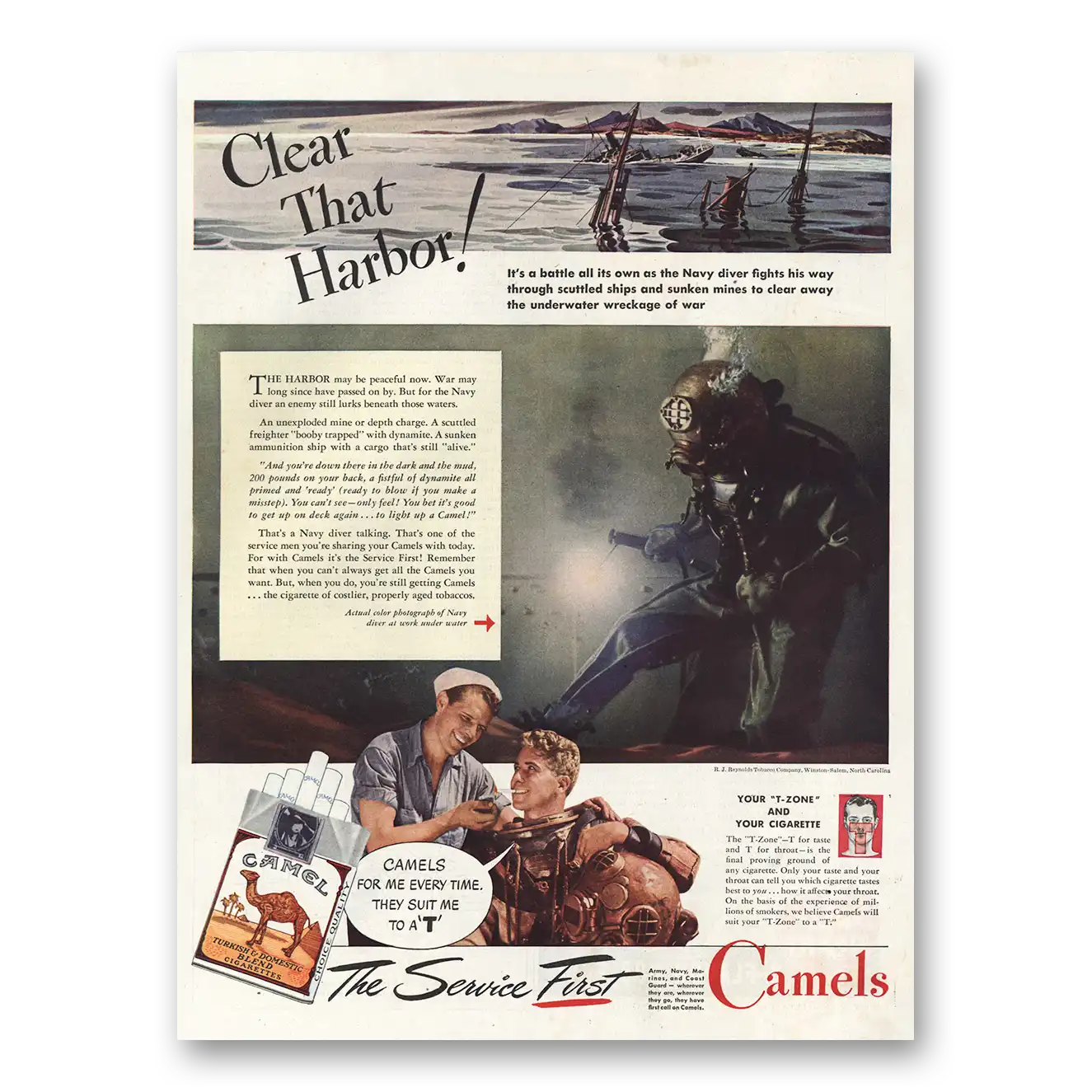 1945 Camel Cigarettes Clear That Harbor Vintage Magazine Print Ad