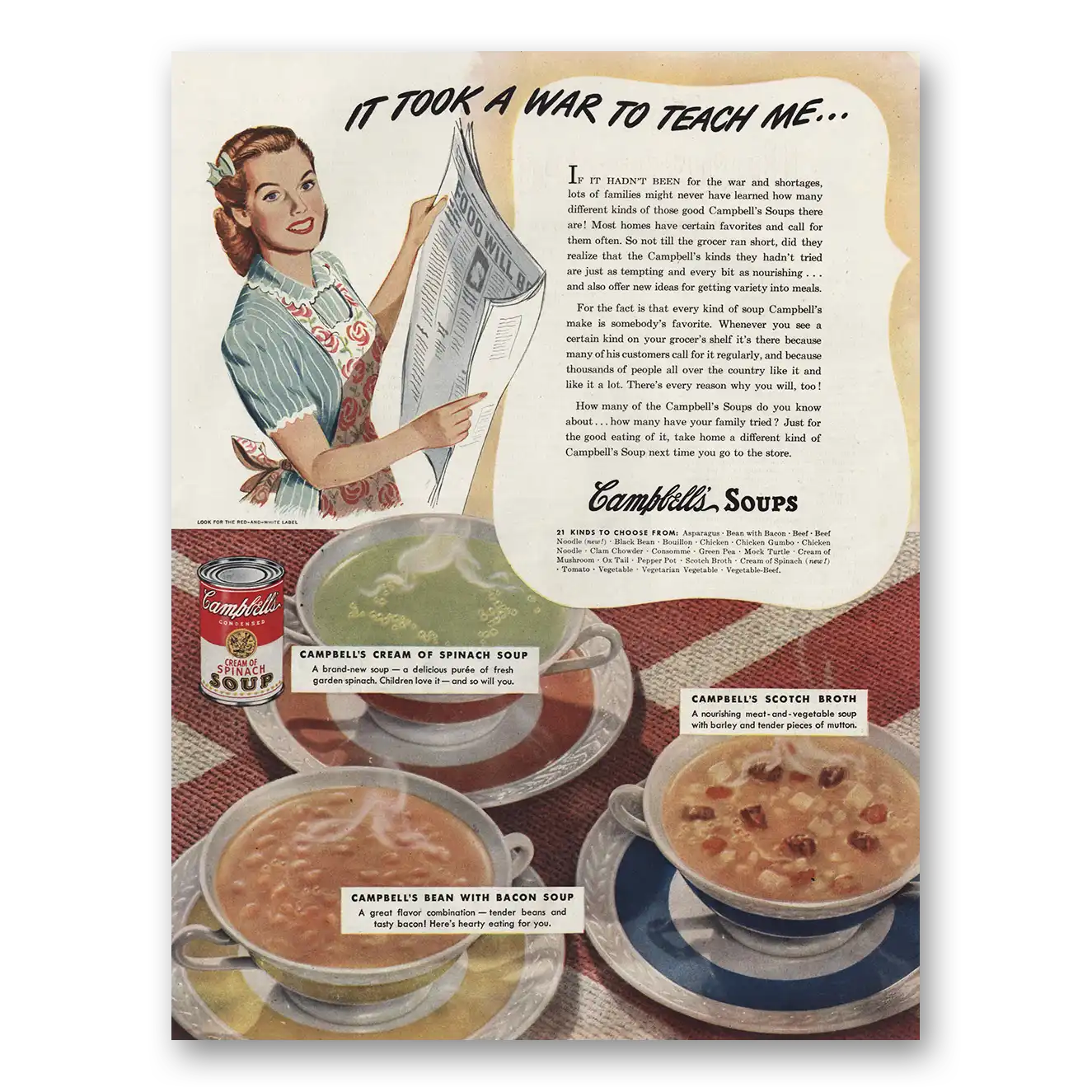 1945 Campbells Soup Took War To Teach Me Vintage Magazine Print Ad