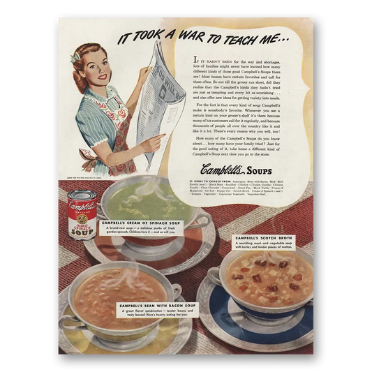 1945 Campbells Soup Took War To Teach Me Vintage Magazine Print Ad