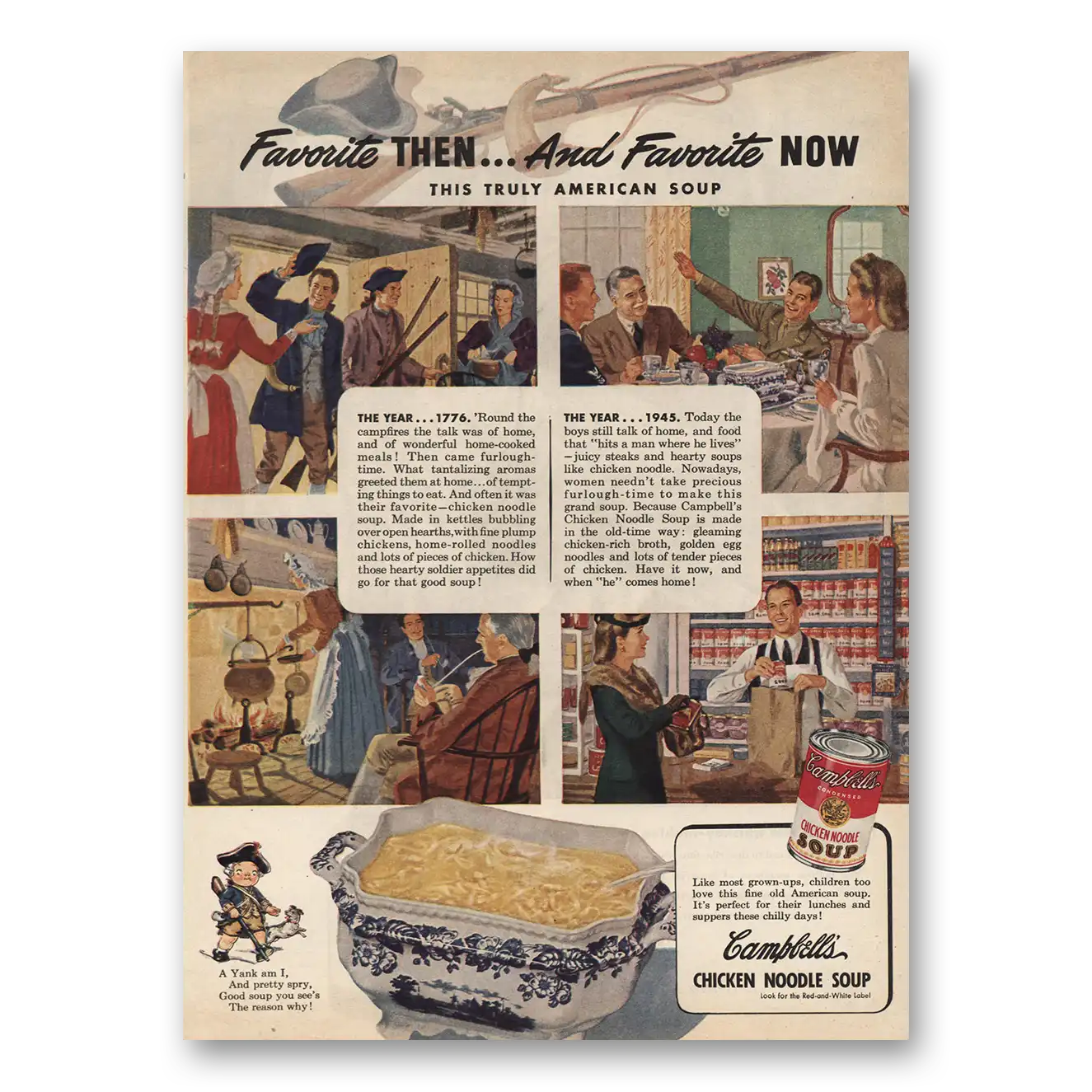 1945 Campbells Chicken Noodle Soup Favorite Then and Favorite Now Vintage Magazine Print Ad