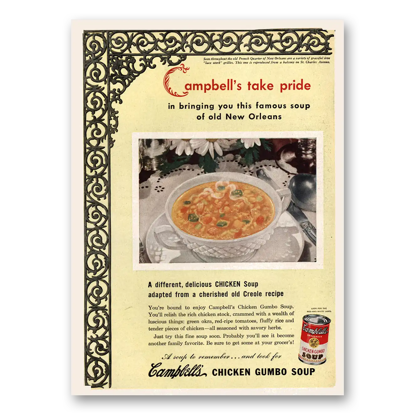 1945 Campbells Chicken Gumbo Soup Chicken Gumbo Soup New Orleans Vintage Magazine Print Ad