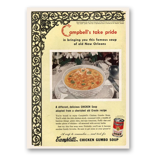 1945 Campbells Chicken Gumbo Soup Chicken Gumbo Soup New Orleans Vintage Magazine Print Ad