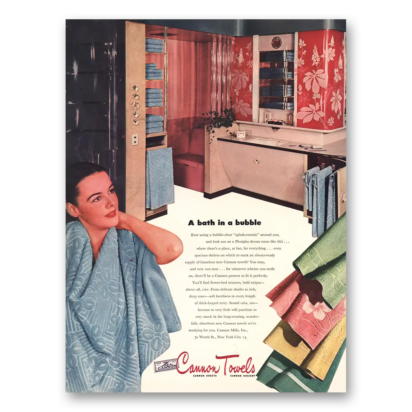 1945 Cannon Towels Bath In Bubble Vintage Magazine Print Ad