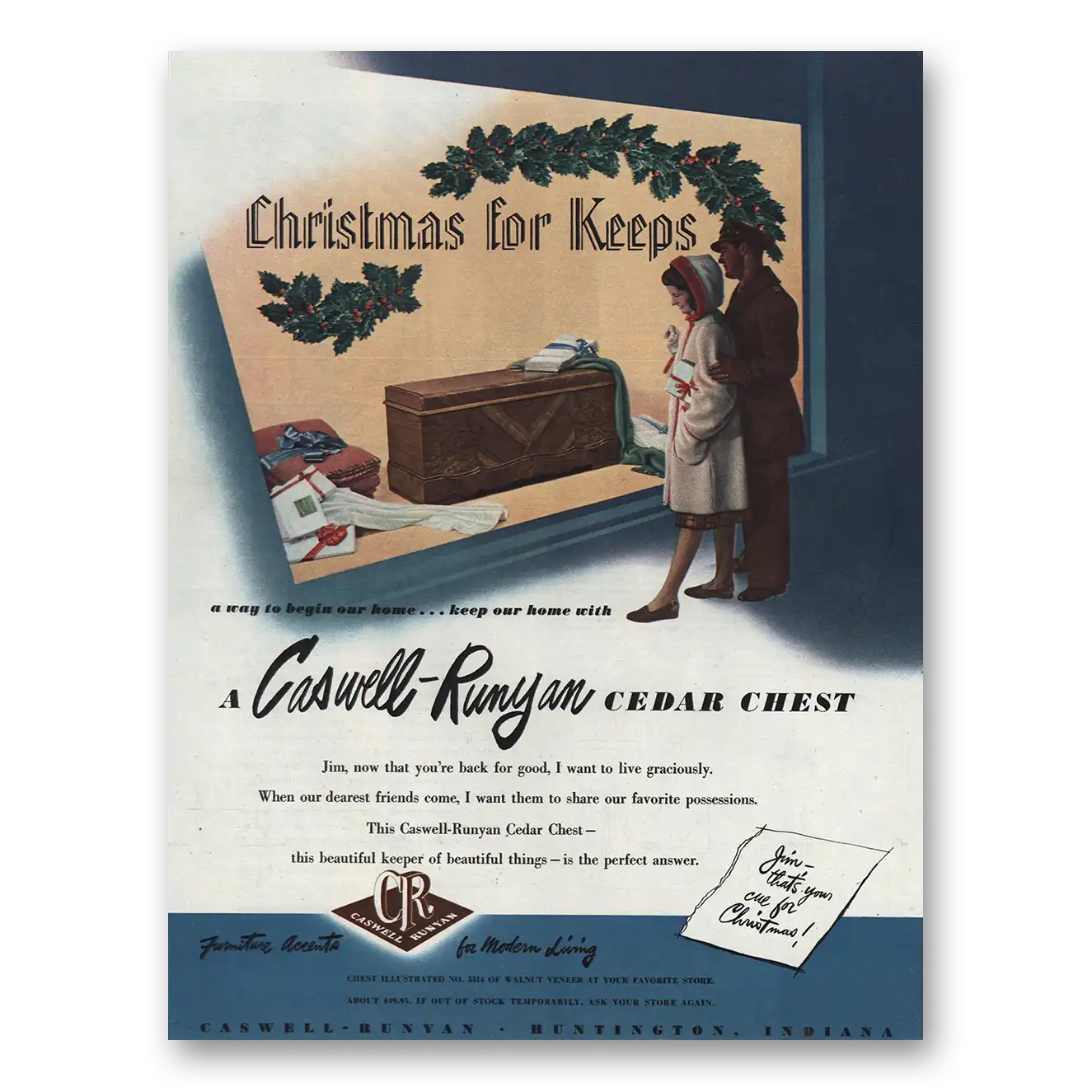 1945 Caswell Runyan Cedar Chest Christmas for Keeps Vintage Magazine Print Ad