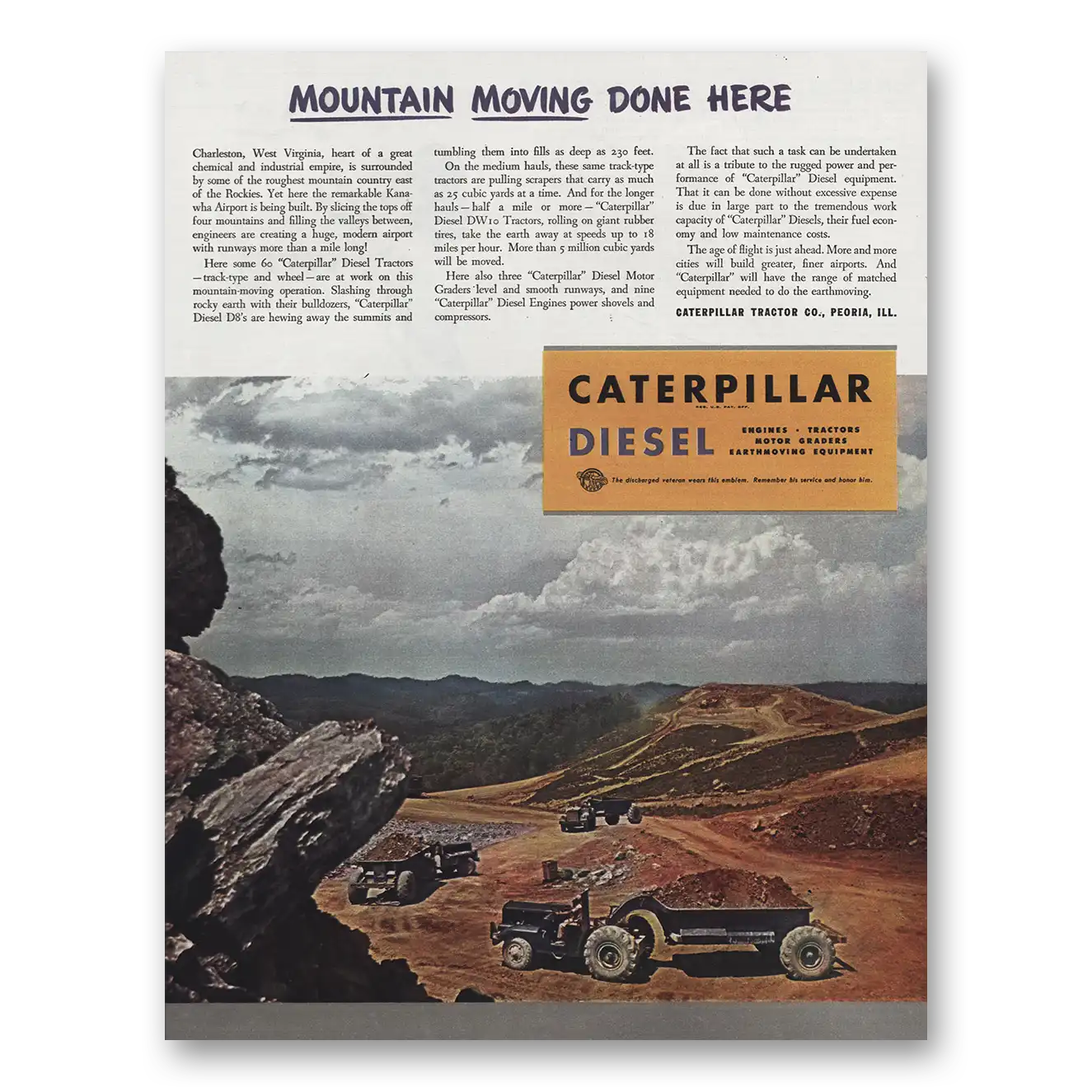 1945 Caterpillar Diesel Mountain Moving Done Here Vintage Magazine Print Ad