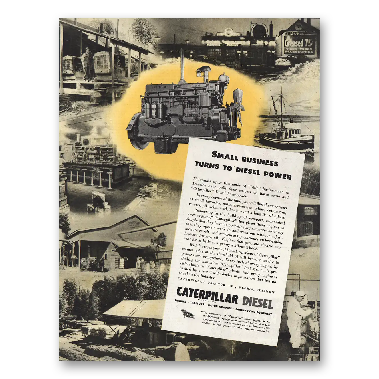 1945 Caterpillar Diesel Small Business Turns to Diesel Power Vintage Magazine Print Ad