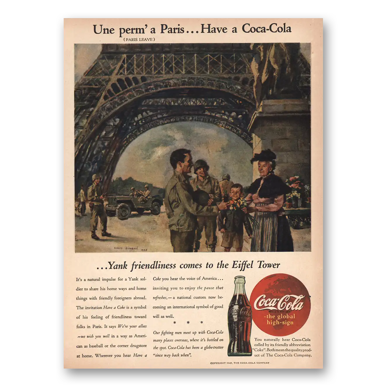 1945 Coca Cola Une perm a Paris Vintage Magazine Print Ad