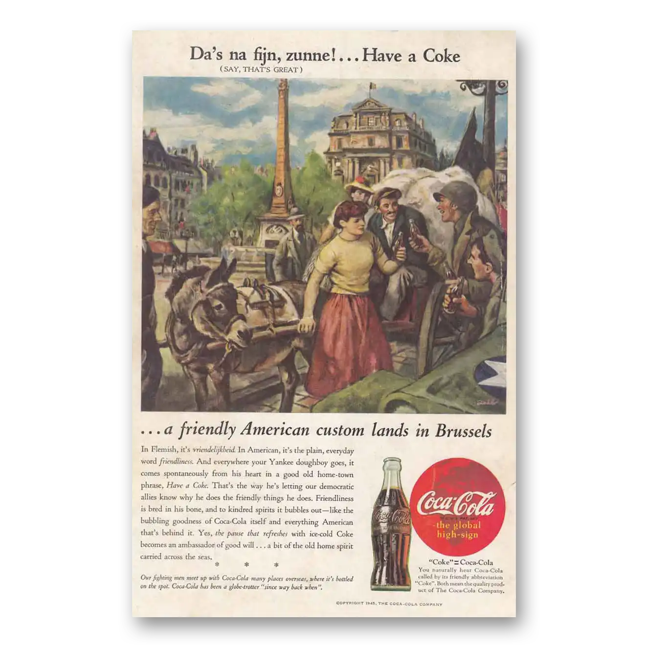 1945 Coca Cola Da's na fijn zunne Brussels Vintage Magazine Print Ad