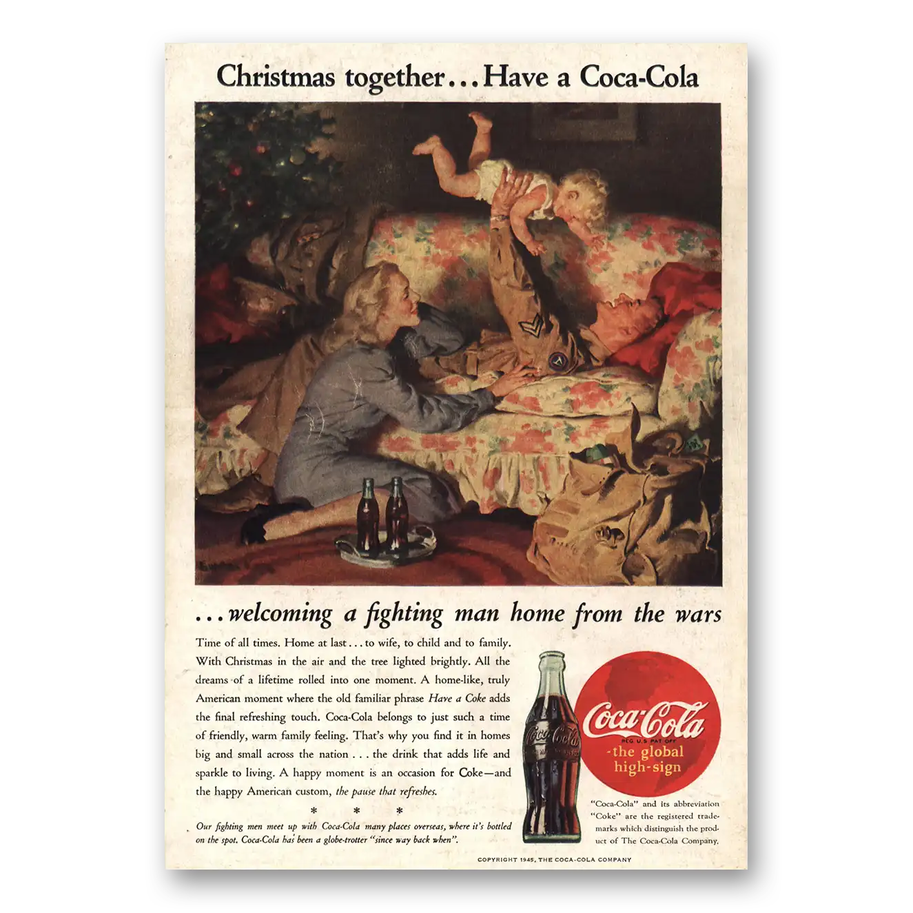 1945 Coca Cola Christmas Welcoming Fighting Man Home Vintage Magazine Print Ad