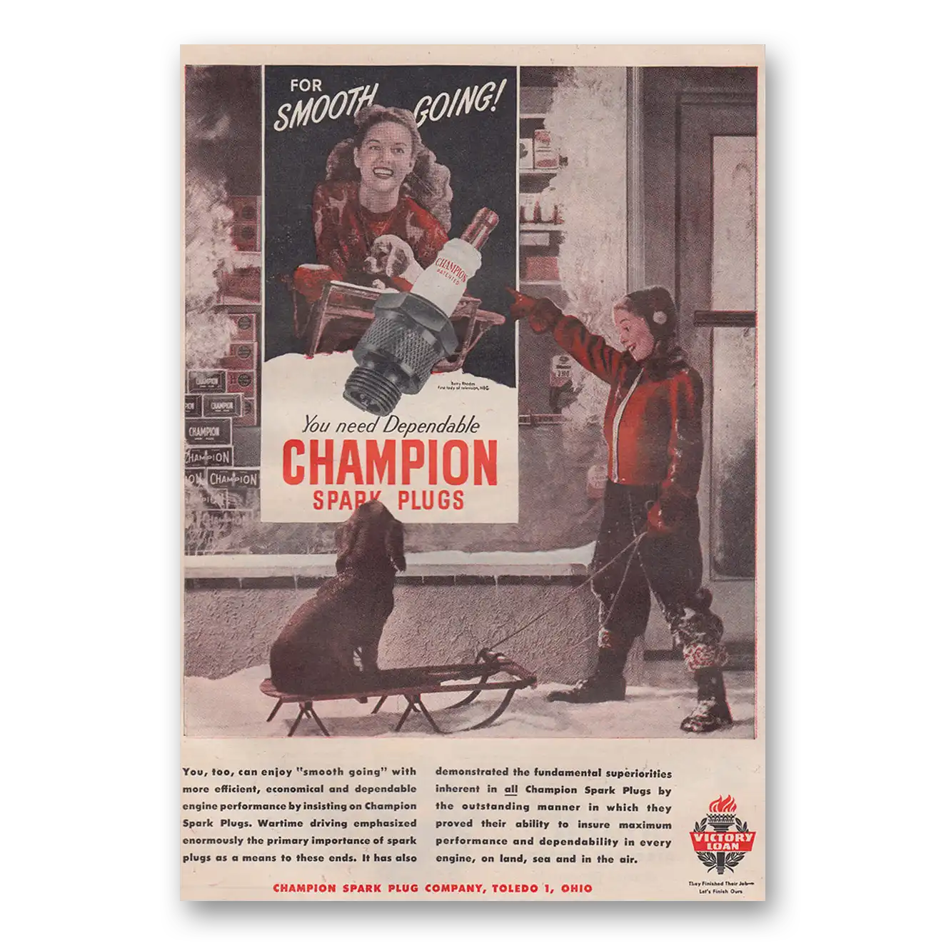 1945 Champion Spark Plugs For Smooth Going Dog Sled Vintage Magazine Print Ad