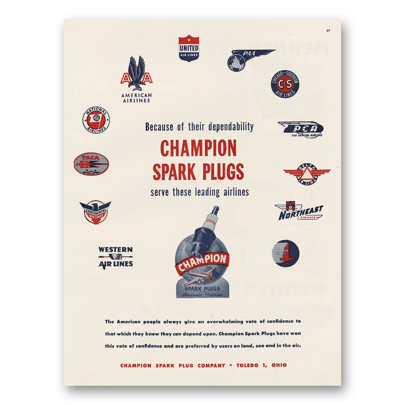 1945 Champion Spark Plugs These Leading Airlines Vintage Magazine Print Ad