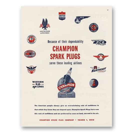 1945 Champion Spark Plugs These Leading Airlines Vintage Magazine Print Ad