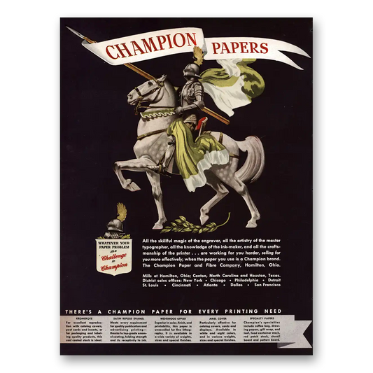 1945 Champion Papers Skillful Magic of the Engraver Vintage Magazine Print Ad