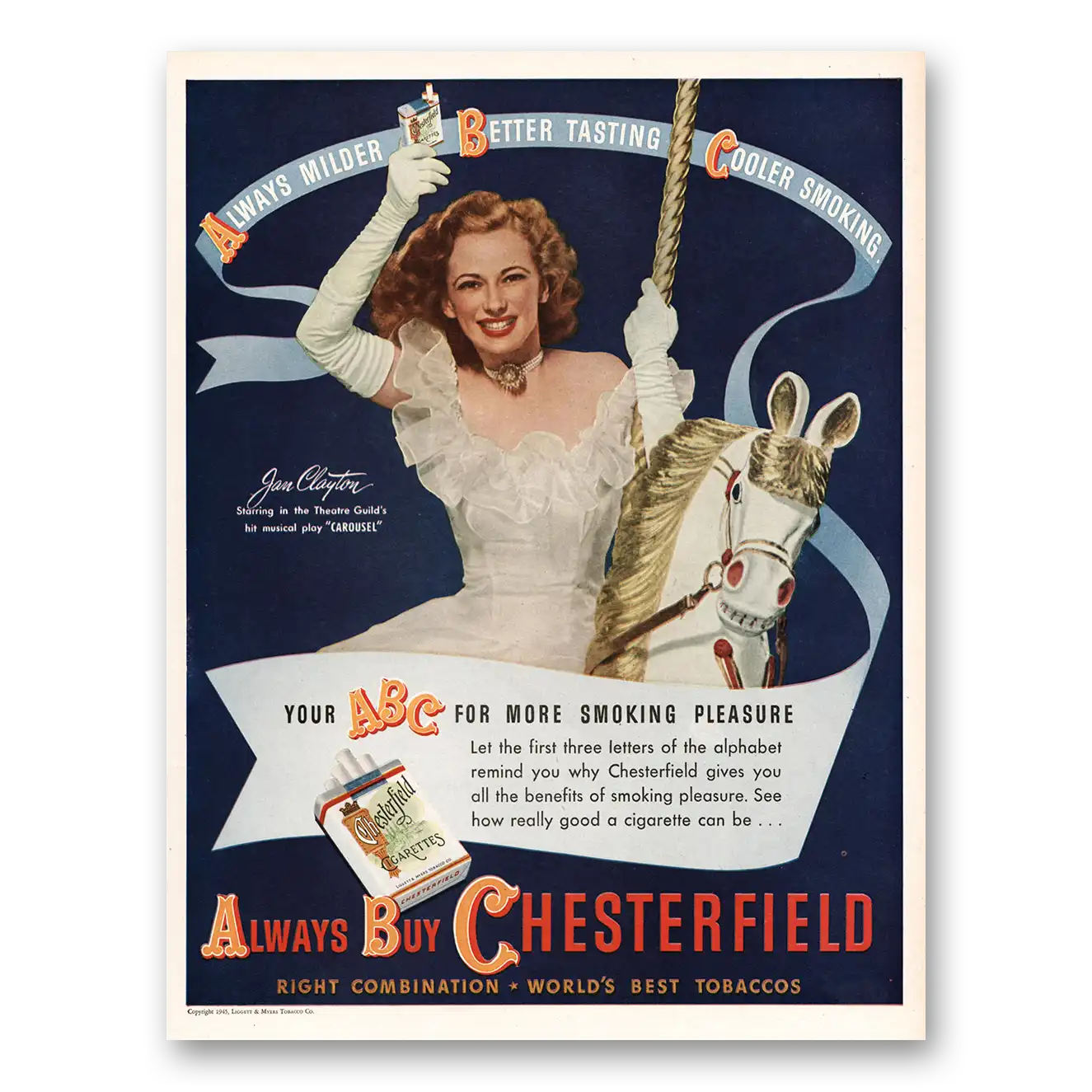 1945 Chesterfield Cigarettes Jan Clayton Carousel Vintage Magazine Print Ad