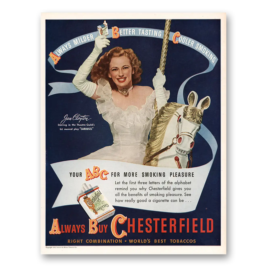 1945 Chesterfield Cigarettes Jan Clayton Carousel Vintage Magazine Print Ad