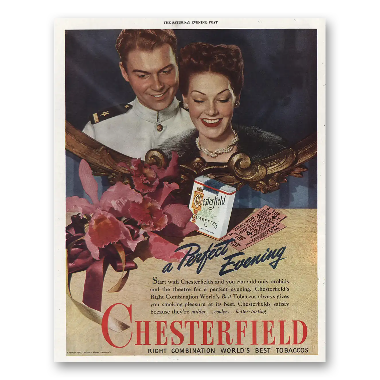 1945 Chesterfield Cigarettes Perfect Evening Vintage Magazine Print Ad