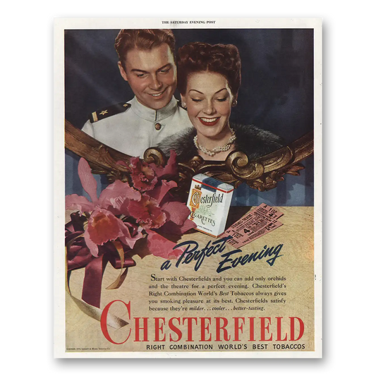 1945 Chesterfield Cigarettes Perfect Evening Vintage Magazine Print Ad