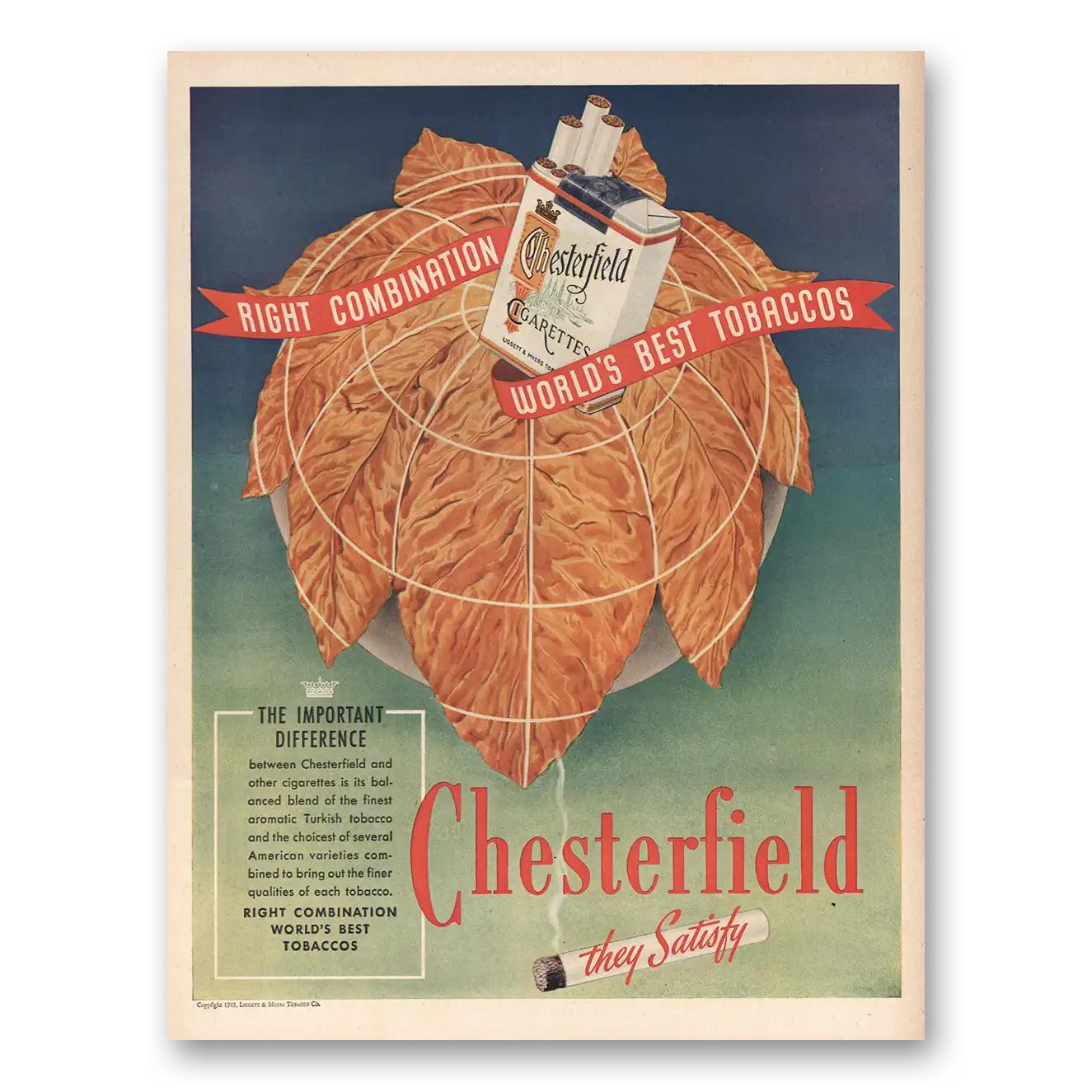 1945 Chesterfield Cigarettes Right Combination Vintage Magazine Print Ad