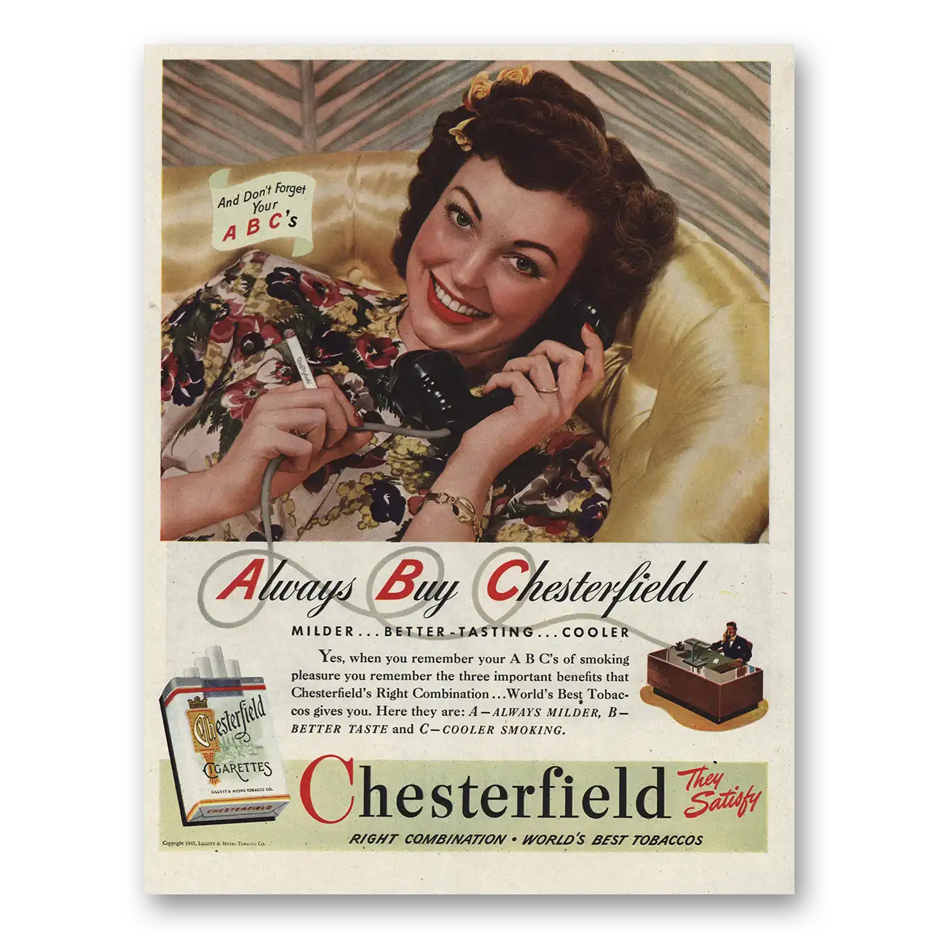 1945 Chesterfield Cigarettes Don’t Forget Your ABCs Vintage Magazine Print Ad