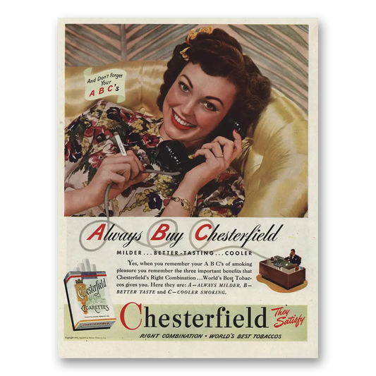 1945 Chesterfield Cigarettes Don’t Forget Your ABCs Vintage Magazine Print Ad