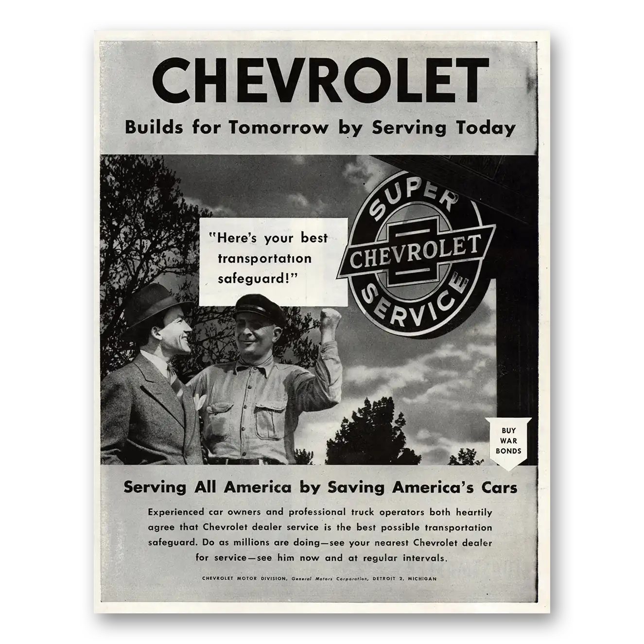 1945 Chevrolet Service Best Transportation Safeguard Vintage Magazine Print Ad