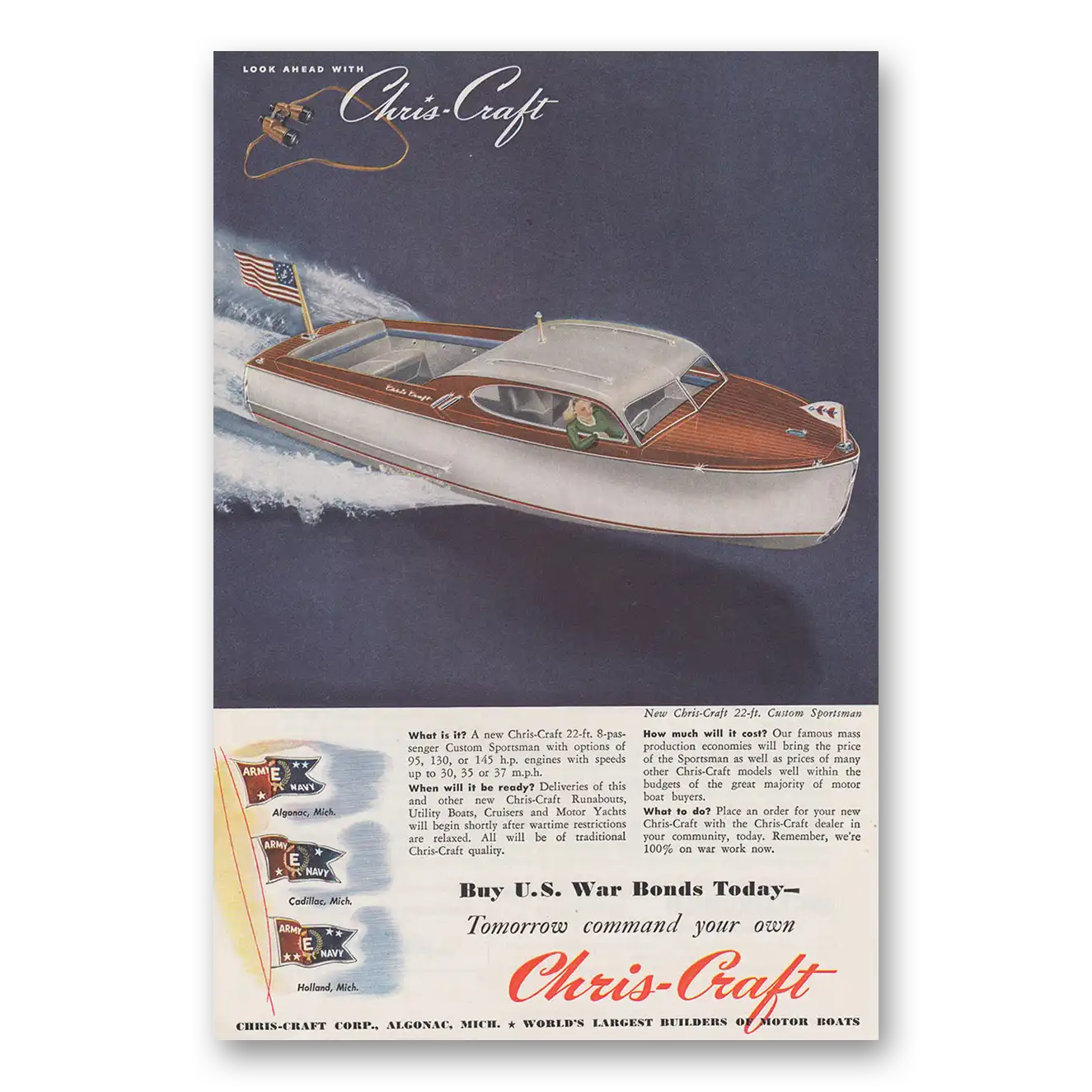 1945 Chris Craft Custom Sportsmen Tomorrow Command Your Own Vintage Magazine Print Ad