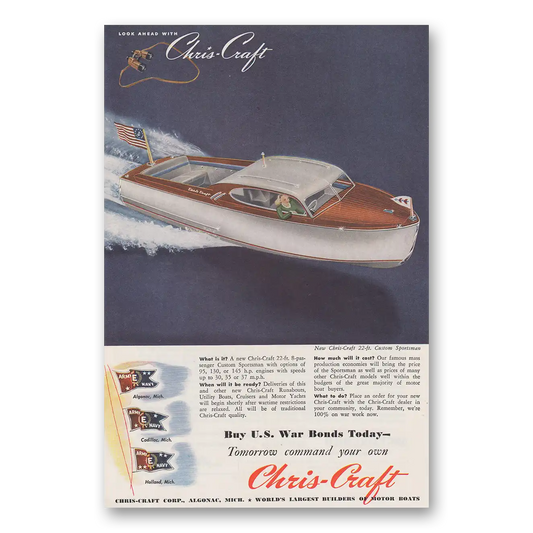 1945 Chris Craft Custom Sportsmen Tomorrow Command Your Own Vintage Magazine Print Ad