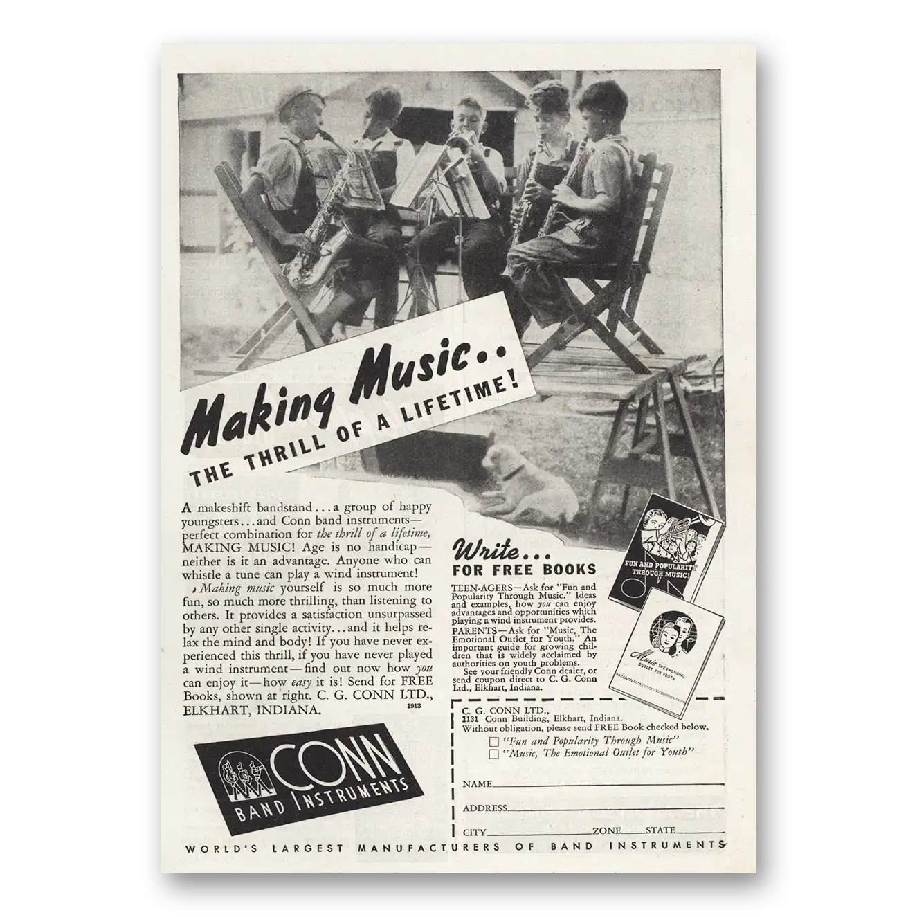 1945 Conn Band Instruments Making Music Thrill of Lifetime Vintage Magazine Print Ad