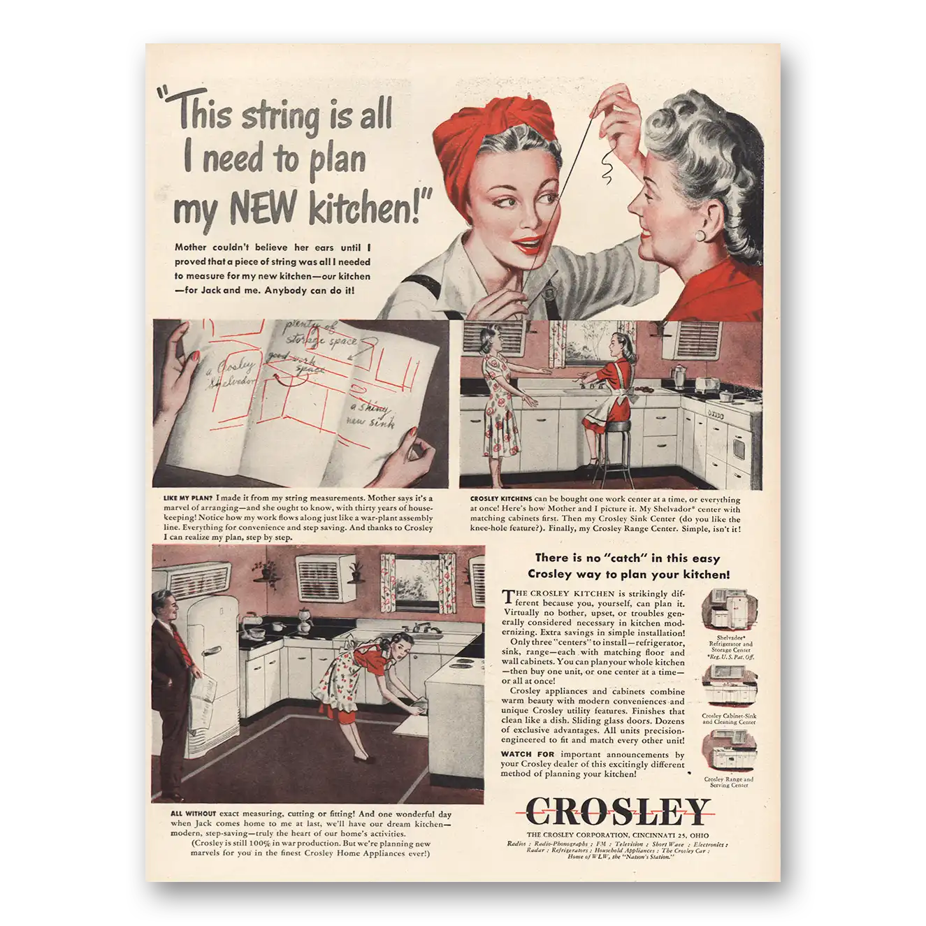 1945 Crosley String Plan New Kitchen Vintage Magazine Print Ad