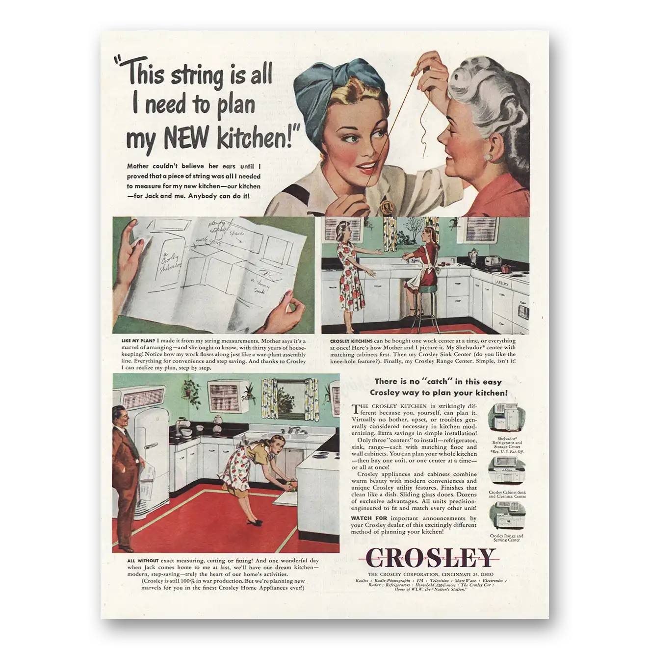 1945 Crosley String Plan New Kitchen Vintage Magazine Print Ad