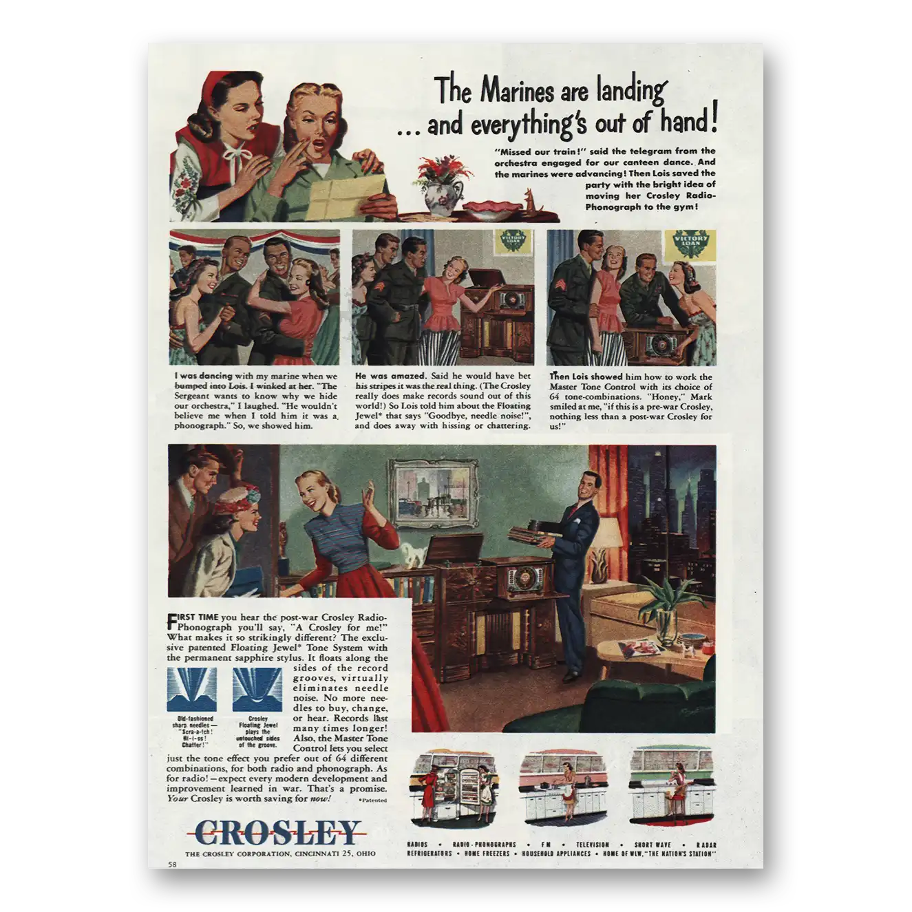 1945 Crosley Radio The Marines Are Landing Vintage Magazine Print Ad