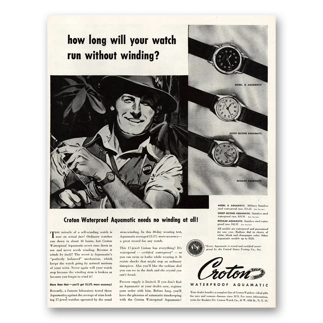 1945 Croton Watch Aquamatic Watch Run Without Winding Vintage Magazine Print Ad