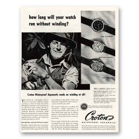 1945 Croton Watch Aquamatic Watch Run Without Winding Vintage Magazine Print Ad