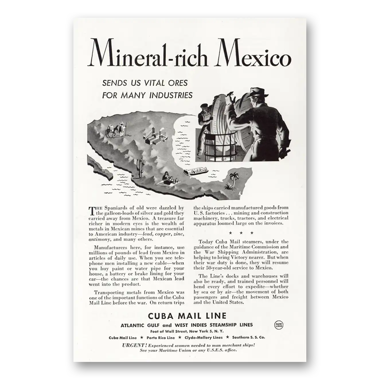 1945 Cuba Mail Line Mineral Rich Mexico Vintage Magazine Print Ad