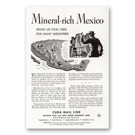 1945 Cuba Mail Line Mineral Rich Mexico Vintage Magazine Print Ad