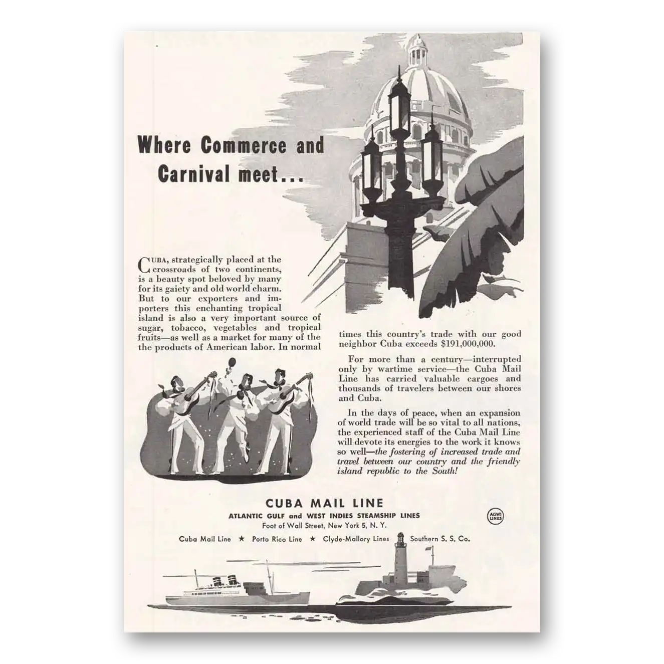 1945 Cuba Mail Line Commerce and Carnival Meet Vintage Magazine Print Ad