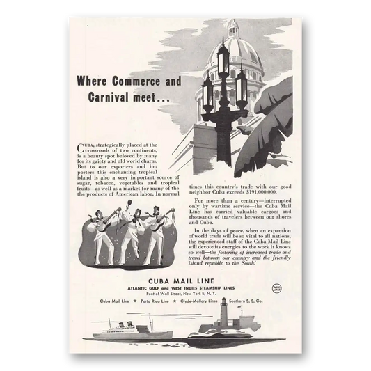 1945 Cuba Mail Line Commerce and Carnival Meet Vintage Magazine Print Ad