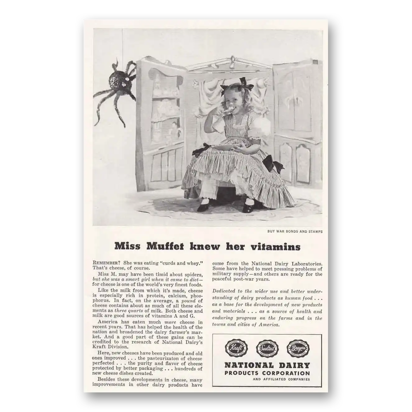 1945 National Dairy Miss Muffet Knew Her Vitamins Vintage Magazine Print Ad